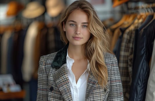 A stylish woman stands confidently in front of a colorful rack of clothes, carefully browsing through the selection. Her eyes gleam with excitement as she searches for the perfect outfit.