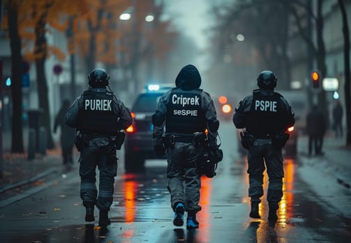 This image shows three police officers walking down a city street. The officers are wearing black uniforms with protective gear and helmets. The officers are walking in the rain and the street is wet. The image is taken from the perspective of someone behind the officers, so their faces are not visible.