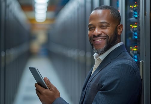 A businessman in professional attire stands confidently in a server room, holding a tablet. He appears focused and engaged, surrounded by rows of servers and technological equipment.