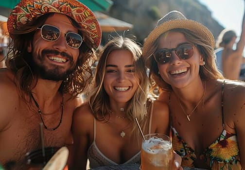 A group of friends sit closely next to each other on the sandy beach, enjoying each others company. Some are laughing, some are drinking, all basking in the peaceful atmosphere of the coast.