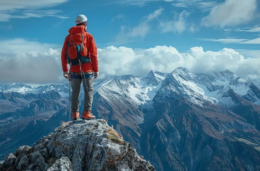 A lone hiker, clad in a bright red jacket, stands triumphantly on the summit of a snow-capped mountain. The view from the peak stretches across a vast landscape, showcasing a sprawling mountain range with snowy peaks and lush valleys. The blue sky is dotted with white clouds, creating a sense of grandeur and awe.