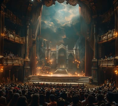 A theatrical masterpiece unfolds on stage, with a myriad of performers clad in vibrant costumes. The atmosphere buzzes with energy as actors, dancers, and musicians come together to create a breathtaking spectacle for the audience.