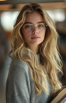 A young blonde woman wearing glasses is focused on organizing her work as she holds a folder filled with books.