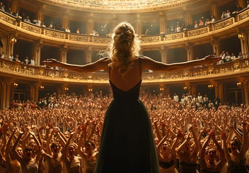 An elegant blonde woman in her fifties stands confidently in a black dress in front of a captivated crowd at the theatre, exuding grace and sophistication.