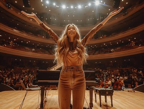 A woman stands gracefully in front of a grand piano on a polished wooden floor, exuding elegance and poise in a captivating performance setting.
