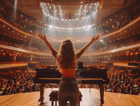 A talented woman stands on the stage of a grand concert hall, poised in front of a piano. The spotlight illuminates her as she prepares to captivate the audience with her musical prowess.