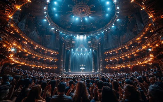 A grand auditorium is teeming with a sea of people, their eyes fixed on the stage where a captivating performance unfolds. The air is filled with anticipation, awe, and the collective energy of a united audience.