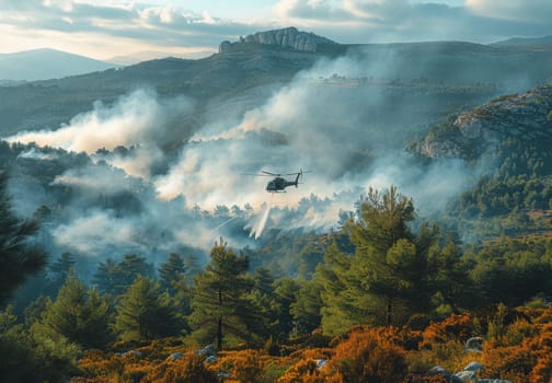 A helicopter flies low over the rolling hills of French Provence, its water-dropping apparatus deployed as it fights to contain a wildfire. Thick smoke billows through the air, casting an eerie glow over the landscape. The fire rages through the dry brush and trees, a reminder of the dangers of wildfires.