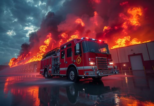 A fire engine sits in front of a large building engulfed in flames. The firefighters are working diligently to extinguish the blaze, their red truck a beacon of hope against the fiery backdrop. The night sky is filled with smoke and a reflection of the fire can be seen in the wet asphalt.