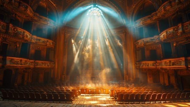 A mesmerizing scene unfolds on an old theater stage as a brilliant light cascades from above, casting a heavenly glow over the space, setting the atmosphere for a performance.