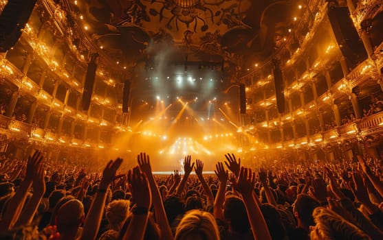 A sea of people fills a venue, standing and cheering as they are immersed in the music and energy of a live concert experience. The atmosphere is electric, with eyes shining brightly, hands raised in excitement, and smiles of pure joy.