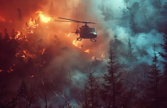 A helicopter flies through a smoky sky, its belly hose spraying water onto a raging forest fire. Flames lick at the trees below, casting an eerie glow on the surrounding landscape. The helicopter is a beacon of hope in a scene of chaos, a testament to the bravery of those who fight to protect our forests.