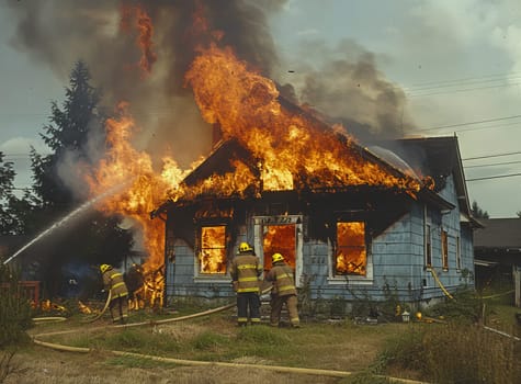 This dramatic image captures the intensity of a house fire in Washington State. Three firefighters, clad in protective gear, bravely battle the flames engulfing a single-story residence. The inferno rages, billowing smoke and fiery orange flames into the air, creating a scene of both danger and determination.