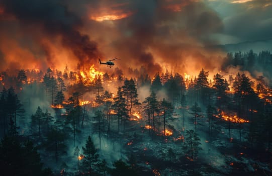 This aerial photograph captures the intense heat and smoke of a forest fire being fought by a helicopter. The helicopter, silhouetted against the blazing orange sky, is dropping water to extinguish the flames that engulf the dense forest. The image evokes a sense of urgency and the incredible danger faced by firefighters battling these destructive wildfires.