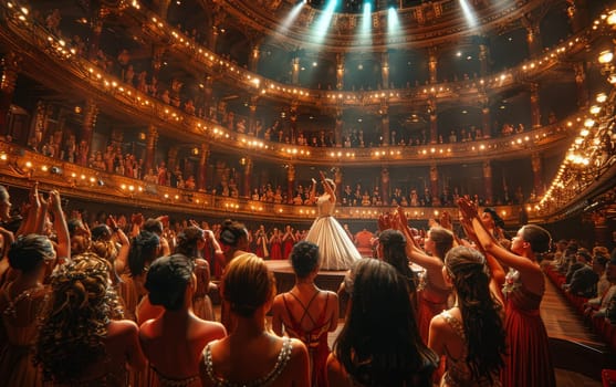 A graceful woman in a flowing white dress stands at the center of a grand stage, exuding poise and elegance as she captivates the audiences attention.