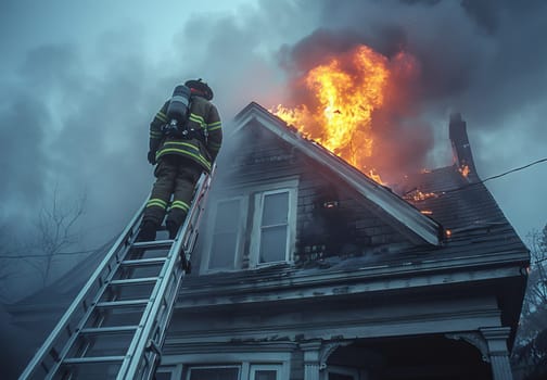 This dramatic image captures a firefighter ascending a ladder to battle a roof fire on a residential home, engulfed in flames and thick smoke. The scene showcases the bravery and dedication of firefighters who risk their lives to protect our communities.