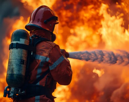 A firefighter, clad in full protective gear, faces a wall of flames as they operate a fire extinguisher to subdue a raging inferno. The scene captures the bravery and dedication of firefighters in the face of danger, demonstrating their critical role in saving lives and property during emergencies.