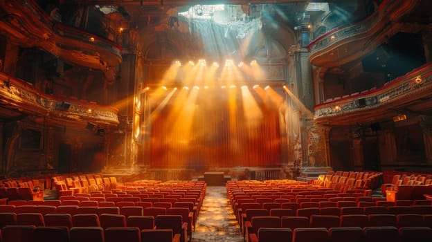 Inside an old ornate theater, rows of antique wooden seats in rich red hues stand empty under the bright lights that illuminate the grand stage.