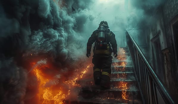 A firefighter in full gear bravely climbs a staircase engulfed in flames, facing the intense heat and thick smoke. The image captures the perilous conditions firefighters often face as they work to extinguish fires and save lives. The vibrant orange flames and dark smoke create a dramatic contrast, highlighting the firefighters determination and resilience.