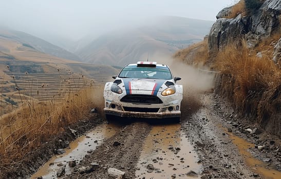 A Ford Fiuchay rally car, predominantly white with hints of blue and green, speeds down a slippery mud-covered road. Mud splatters in every direction as the car navigates sharp turns and steep inclines.