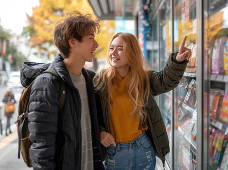 A stylish man and woman are casually chatting next to a brightly colored vending machine in a modern shop. The man holds a small bag while the woman looks at her phone.
