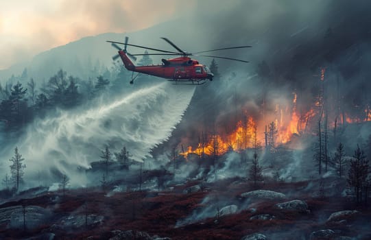 A red helicopter equipped with a water bucket flies over a forest fire, releasing a powerful stream of water in an attempt to extinguish the flames. The helicopters silhouette is stark against the smoke and fire, showcasing the heroic efforts of firefighters in battling this dangerous blaze. The dense smoke and the glow of the burning trees create a dramatic scene, highlighting the power and destruction of nature.