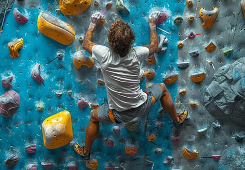 An image of a man in his thirties, wearing gray shorts and a white t-shirt, climbing an indoor climbing wall. The man is focused on his ascent, using his hands and feet to navigate the brightly colored holds on the blue wall.
