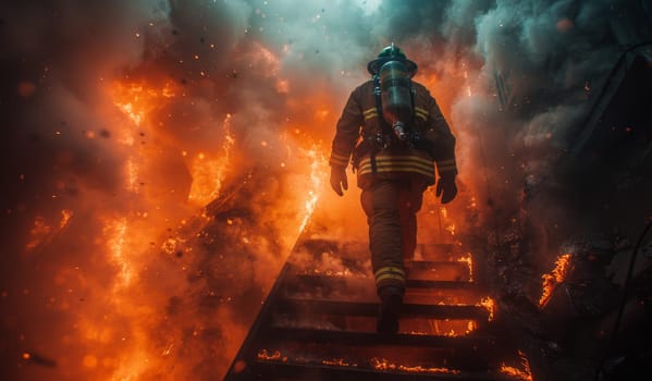 A firefighter in full gear, bravely ascending a stairway engulfed in flames. The scene is filled with smoke and fire, highlighting the extreme conditions that these heroes face on a daily basis. The firefighters silhouette against the backdrop of fire is a powerful symbol of resilience and determination.