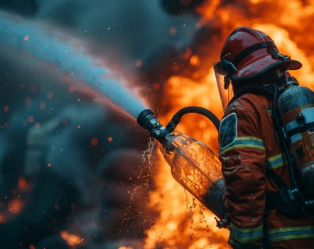 A firefighter, clad in protective gear, bravely battles a raging fire, utilizing a powerful fire hose to spray a torrent of water onto the inferno. The scene is filled with intense heat and thick smoke, highlighting the danger and importance of the firefighters work.