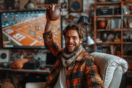 A man in a plaid shirt and scarf sits in an office chair, grinning widely, holding a football aloft in his right hand. Hes watching a football game on a large screen behind him, and his joyous expression suggests that his team has just scored a crucial touchdown. The mans excitement is palpable, showcasing the joy and camaraderie that come with sports fandom.