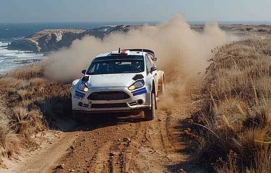 A vibrant rally car in white, blue, and green colors zooming down a dusty dirt road, kicking up clouds of earth with its high-speed motion.