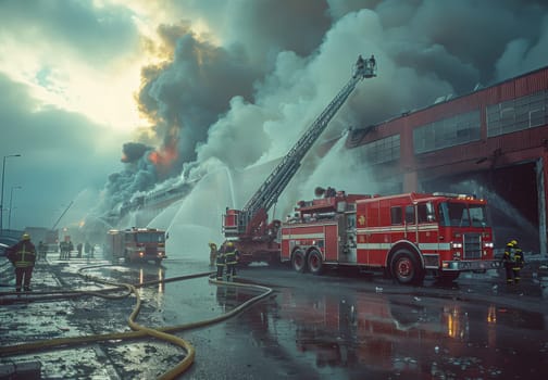 A large warehouse engulfed in flames is being fought by firefighters. A tall fire truck extends its ladder to reach the upper levels of the building, spraying water from its nozzle. Other firefighters are on the ground, using hoses to extinguish the blaze. Thick smoke billows into the air, creating a dramatic scene.