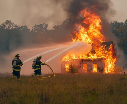 Two firefighters bravely battle a raging fire engulfing a wooden house in a rural setting. The flames are intense, and smoke billows high into the sky. The firefighters, clad in protective gear, are using hoses to direct powerful streams of water onto the inferno, attempting to contain the blaze.