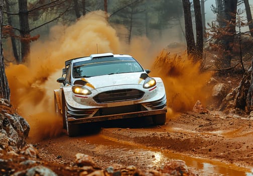 A white Ford Fiesta rally car maneuvers through a dense forest filled with deep mud. The car speeds through the challenging terrain, splattering mud in all directions as it navigates through the picturesque wooded area.
