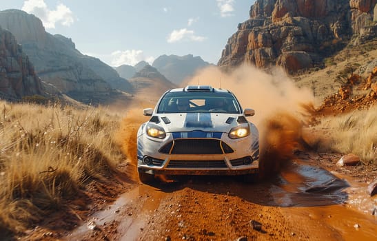 A white Ford Focus ST rally car speeds down a dusty dirt road, kicking up clouds of earth behind it as it races through the countryside.