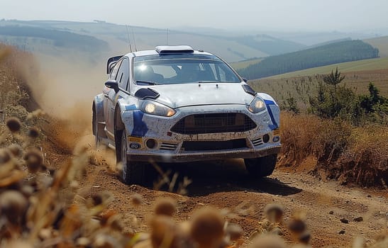 A powerful rally car speeds down a rugged dirt road, leaving a cloud of dust in its wake. The white Ford Fiuchay, adorned with blue and green accents, is driving with immense power and precision as it tackles the challenging terrain.