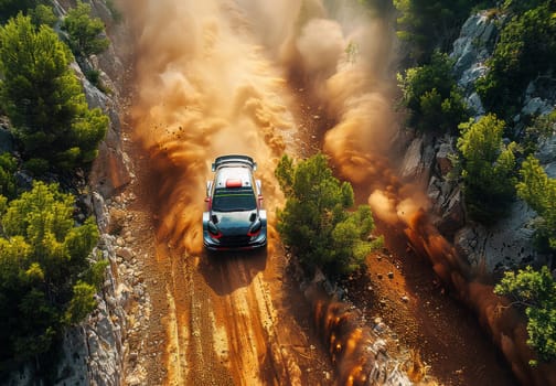 A Ford rally truck speeds down a dusty dirt road, kicking up clouds of dust as it navigates the rugged terrain alongside a dense forest. The powerful vehicle is engulfed in a whirlwind of excitement on its adrenaline-fueled journey through nature.