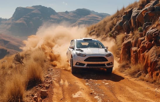 A sleek white rally car with blue accents glides down a rural dirt road, leaving a trail of dust in its wake. The sunlight dances on the cars exterior, creating a beautiful contrast against the earthy backdrop.