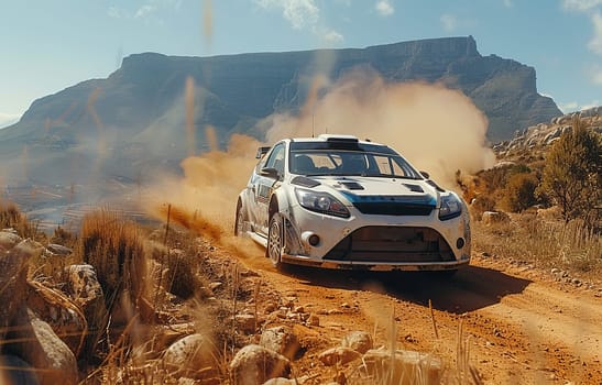 An action-packed scene unfolds as a rally car adorned with a dynamic white and blue livery races down a rugged dirt road, kicking up clouds of dust behind it.
