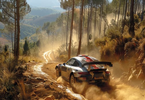 A powerful rally car races down a rugged dirt road in Spain, kicking up clouds of dust as it maneuvers sharp turns and revs its engine for some high-speed excitement. The adrenaline-filled drive is a thrilling showcase of speed, precision, and skill.