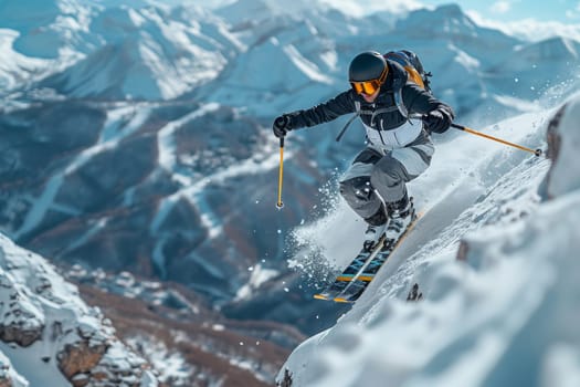 A high-angle photograph captures a ski jumper mid-flight as they descend a steep mountain slope. The skiers body is angled forward, with skis extended, creating a dynamic and powerful image. The backdrop features a vast expanse of snow-covered mountains, with distant peaks reaching towards a clear blue sky. The scene evokes a sense of freedom, exhilaration, and the beauty of winter sports.