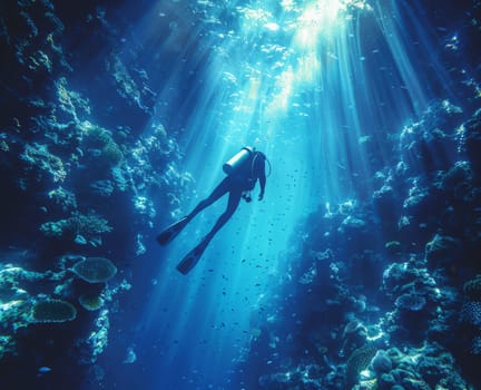 A scuba diver gracefully swims in the crystal-clear waters near a colorful coral reef, surrounded by a variety of exotic fish and marine life.