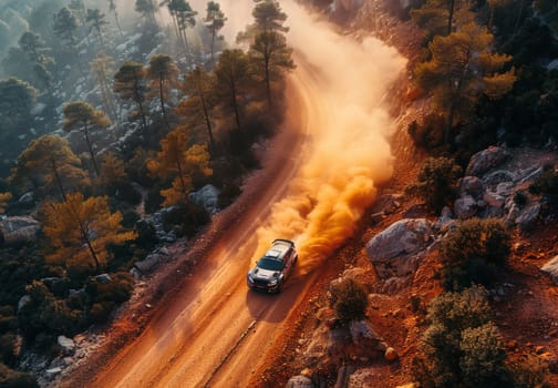 A rugged truck is driving down a dusty dirt road that runs parallel to a dense forest. The vehicle is surrounded by tall trees as it navigates the challenging terrain with determination.