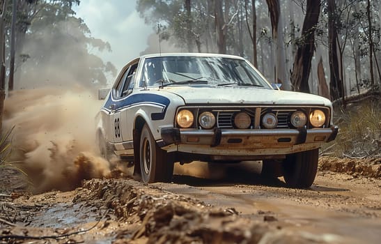 A rally car, featuring a white Ford with blue and green stripes, speeding down a dusty road surrounded by lush green trees in the woods.