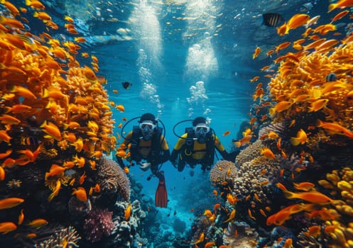 Two individuals gracefully scuba dive in the crystal-clear waters of the Red Sea in Egypt. Surrounded by a mesmerizing array of colorful fish swimming around them, the divers move with precision and elegance, creating a dynamic and captivating underwater ballet.