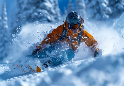 A snowboarder in an orange jacket and blue pants carves through a fresh powder run, creating a cloud of snow. The sun glints off the snow and the trees in the background, creating a stunning winter scene. The snowboarder is fully equipped with a helmet and goggles, and the expression on their face suggests pure exhilaration.