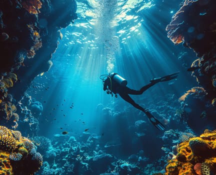 A person in a scuba suit gracefully explores the underwater world, swimming effortlessly in the deep blue sea surrounded by colorful fish and marine life.