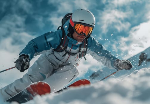 A skier in a blue and white suit descends a mountain slope, carving through fresh powder with precision and grace. The sunlight illuminates the snow, casting a glow on the skiers helmet and goggles. This image captures the exhilarating speed and freedom of skiing in the heart of the Alps.