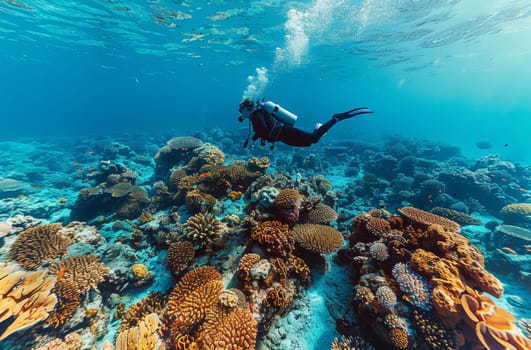 A lone diver glides gracefully over a vibrant coral reef in the mesmerizing depths of the ocean. The colorful marine life dances around them as they explore the beauty of the underwater world.