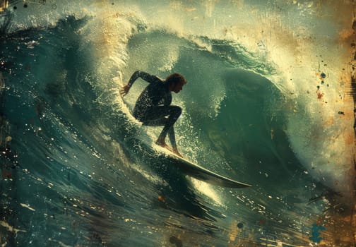 A skilled surfer effortlessly rides a massive wave, balanced on top of his surfboard as he glides through the ocean with grace and precision under the bright sun.